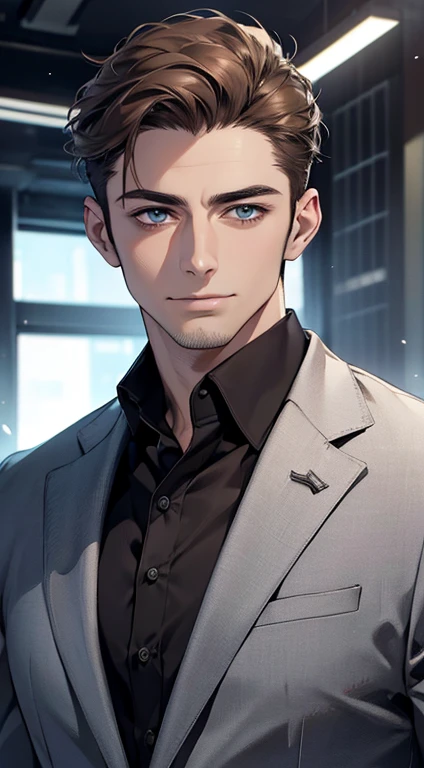 (best quality,4k,8k,highres,masterpiece:1.2),ultra-detailed,(realistic,photorealistic,photo-realistic:1.37),1 man,31 years old,mature man,very handsome,without expression,smile,short grey brown hair,blue eyes,penetrating gaze,perfect face without errors,imposing posture,businessman,office background,cinematic lighting,hdr image