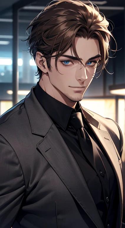 (best quality,4k,8k,highres,masterpiece:1.2),ultra-detailed,(realistic,photorealistic,photo-realistic:1.37),1 man,31 years old,mature man,very handsome,without expression,smile,short grey brown hair,blue eyes,penetrating gaze,perfect face without errors,imposing posture,businessman,office background,cinematic lighting,hdr image