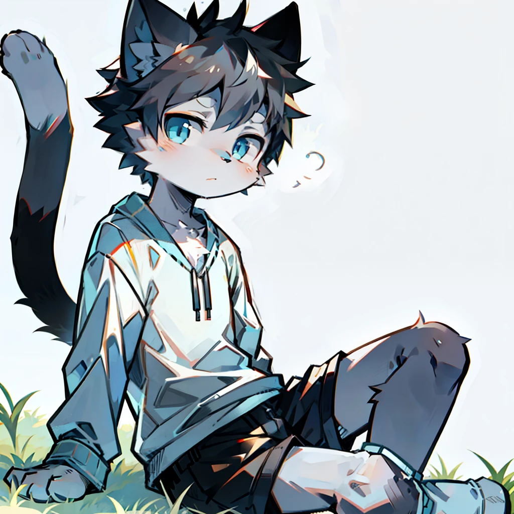 , cat boy,(Dark grey hair),(Dark gray skin),blue eyes,Sit cross-legged on the grass,(Wear short white socks),Light pajamas and shorts,Blank Background,The only person,high quality