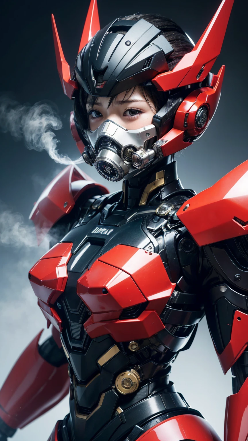 最high quality非常に詳細, Advanced Details, high quality, 最high quality, High resolution, 1080P, hard disk, beautiful,(War Machine),(headgear),See the big picture,beautifulサイボーグ女性,Shining red mecha cyborg girl,BATTLE MODE,Mecha Body Girl 8k bright red body armor Elementary school girl Sweaty face pretty girl short hair Gas mask with extension nozzle short hairボーイッシュ Steam coming out of my head My hair is wet with sweat Black Hair, ((Steam coming out of the mouth)) Full body portrait
