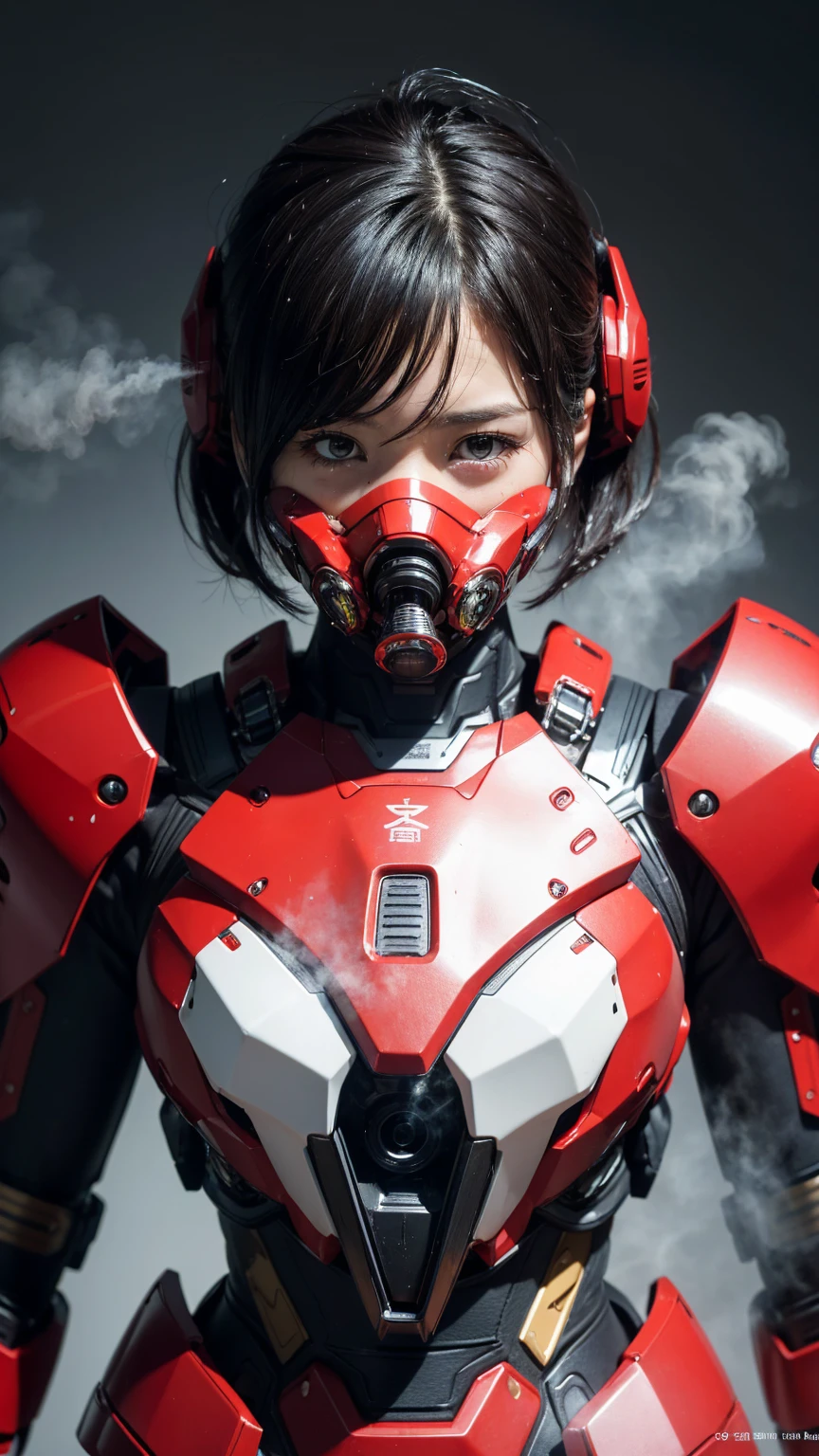 最high quality非常に詳細, Advanced Details, high quality, 最high quality, High resolution, 1080P, hard disk, beautiful,(War Machine),(headgear),See the big picture,beautifulサイボーグ女性,Shining red mecha cyborg girl,BATTLE MODE,Mecha Body Girl　8k bright red body armor　　Sweaty face　pretty girl　short hair　Gas mask with extension nozzle　short hairボーイッシュ　Steam coming out of my head　My hair is wet with sweat　Black Hair, ((Steam coming out of the mouth))　　Full body portrait