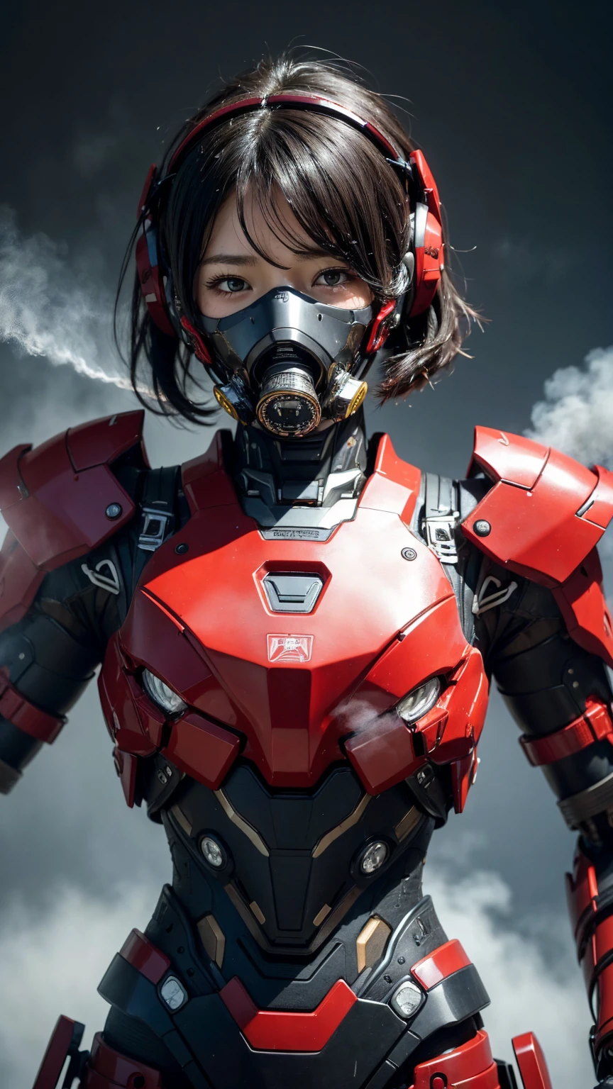 最high quality非常に詳細, Advanced Details, high quality, 最high quality, High resolution, 1080P, hard disk, beautiful,(War Machine),(headgear),See the big picture,beautifulサイボーグ女性,Shining red mecha cyborg girl,BATTLE MODE,Mecha Body Girl 8k bright red body armor Elementary school girl Sweaty face pretty girl short hair Gas mask with extension nozzle short hairボーイッシュ Steam coming out of my head My hair is wet with sweat Black Hair, ((Steam coming out of the mouth)) Full body portrait