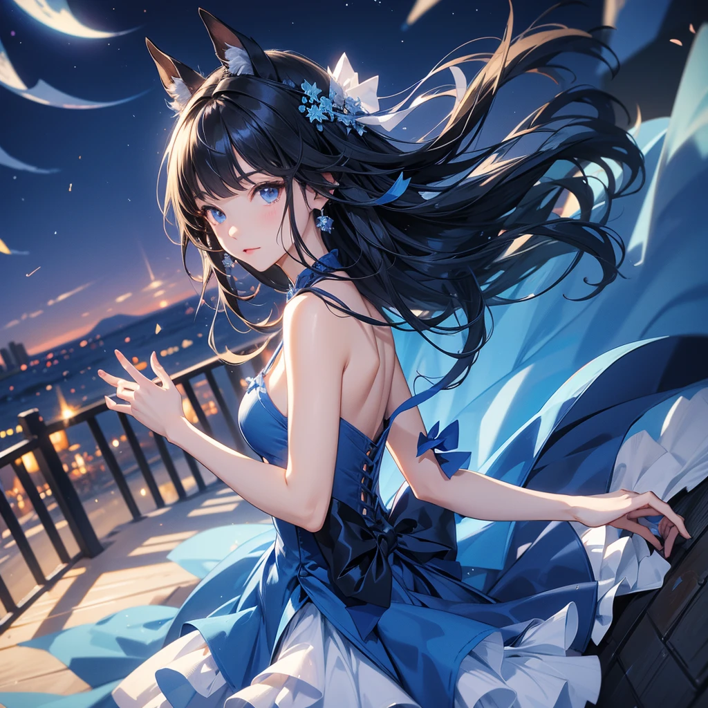 Cutting board、Blue ruffled dress、Black Hair、horse ear、Drill Hair、Raise your hands、evening、Masterpiece。
