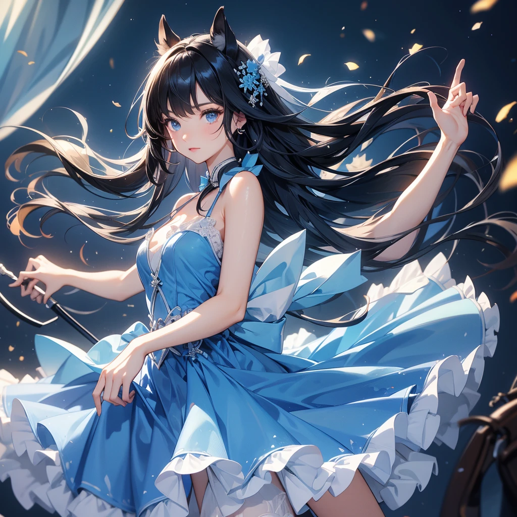 Cutting board、Blue ruffled dress、Black Hair、horse ear、Drill Hair、Raise your hands、evening、Masterpiece。