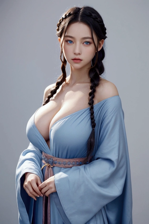 Skin that is not too beautiful、Big Breasts、Black Hair、Wizard Robe、Braided hair falls over one shoulder、Light blue eyes