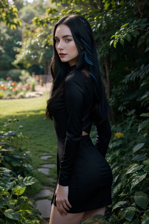 a beautiful young woman with long flowing black hair with blue highlights, stunning blue eyes, delicate facial features, full red lips, pale skin, slender figure, elegant pose, wearing a tight black dress, standing in a lush garden with colorful flowers, sunlight streaming through the trees, cinematic lighting, hyper-realistic, 8k, photorealistic, masterpiece, exquisite details, vibrant colors, dramatic atmosphere