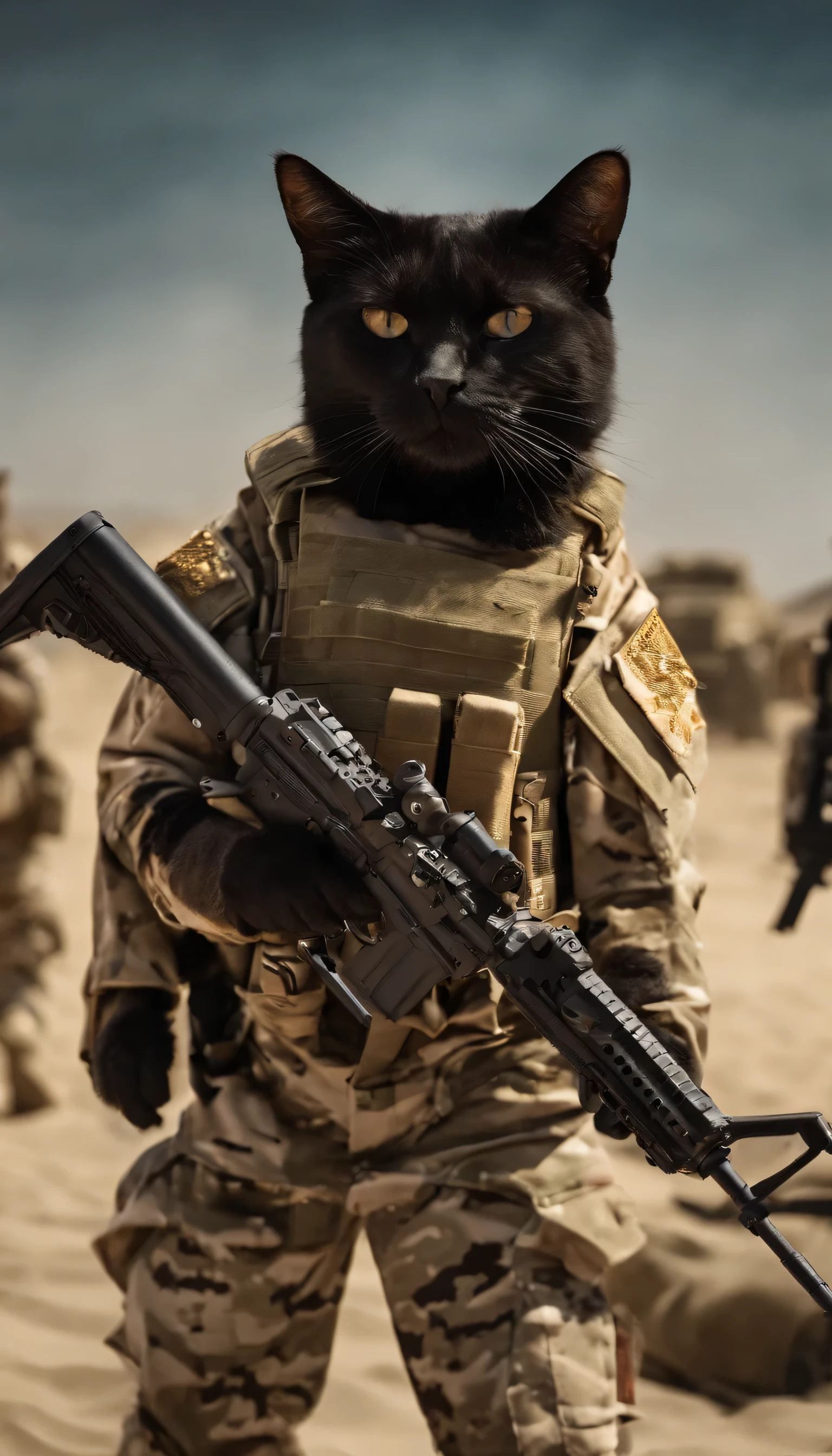 a group of humanoid cats in American military uniforms standing on the sand, warrior cat, warrior cat, assassin cat, ninja cat, samurai cat, world boss cat, ready to fight, tabaxi :: scam, force special forces, soldiers, ready for battle, planet of cats, drone attack war scene, cat catching cat, cool cat, donald rumsfeld cat, on the battlefield. Battlefield scene.