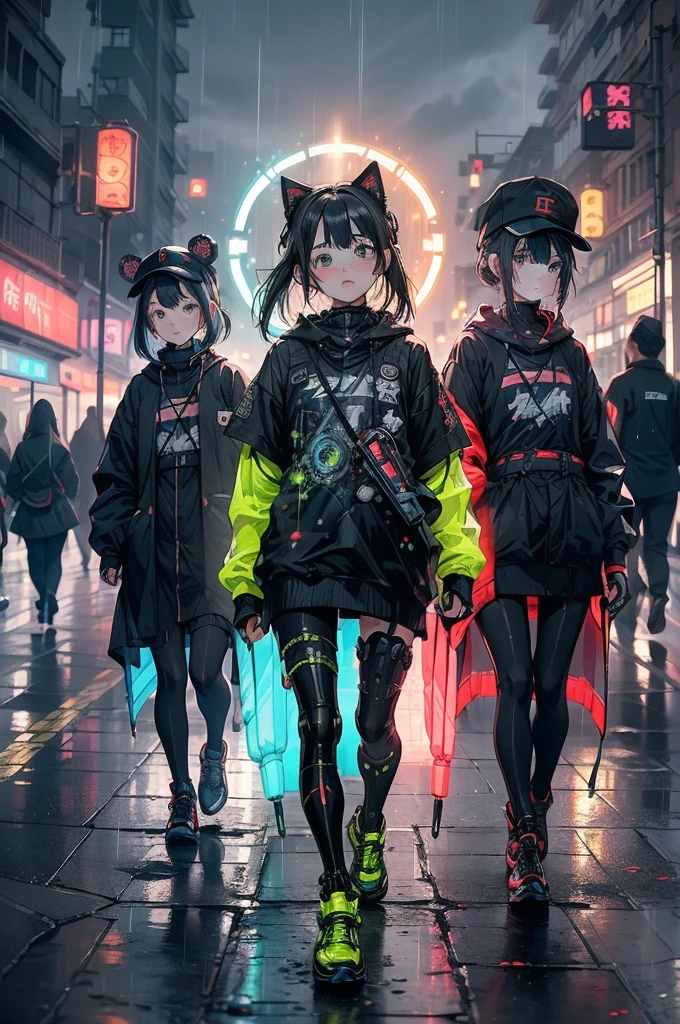 (Two Girls:1.4)、(Clothes with futuristic gadgets:1.4)、masterpiece, Highest quality, Realistic, Scattered beneath the surface, color付き照明, color, red + 黄color + green + Blue limited edition color palette, 詳細な概念figure, Line art, figure, cyber punk, 18 year old girl, Fearless, Robot Companion, Urban Armor, Cybernetic Enhancements, Neon Street in the Rain, Hidden Resistance, Neon Umbrella, Encode the message, (close)