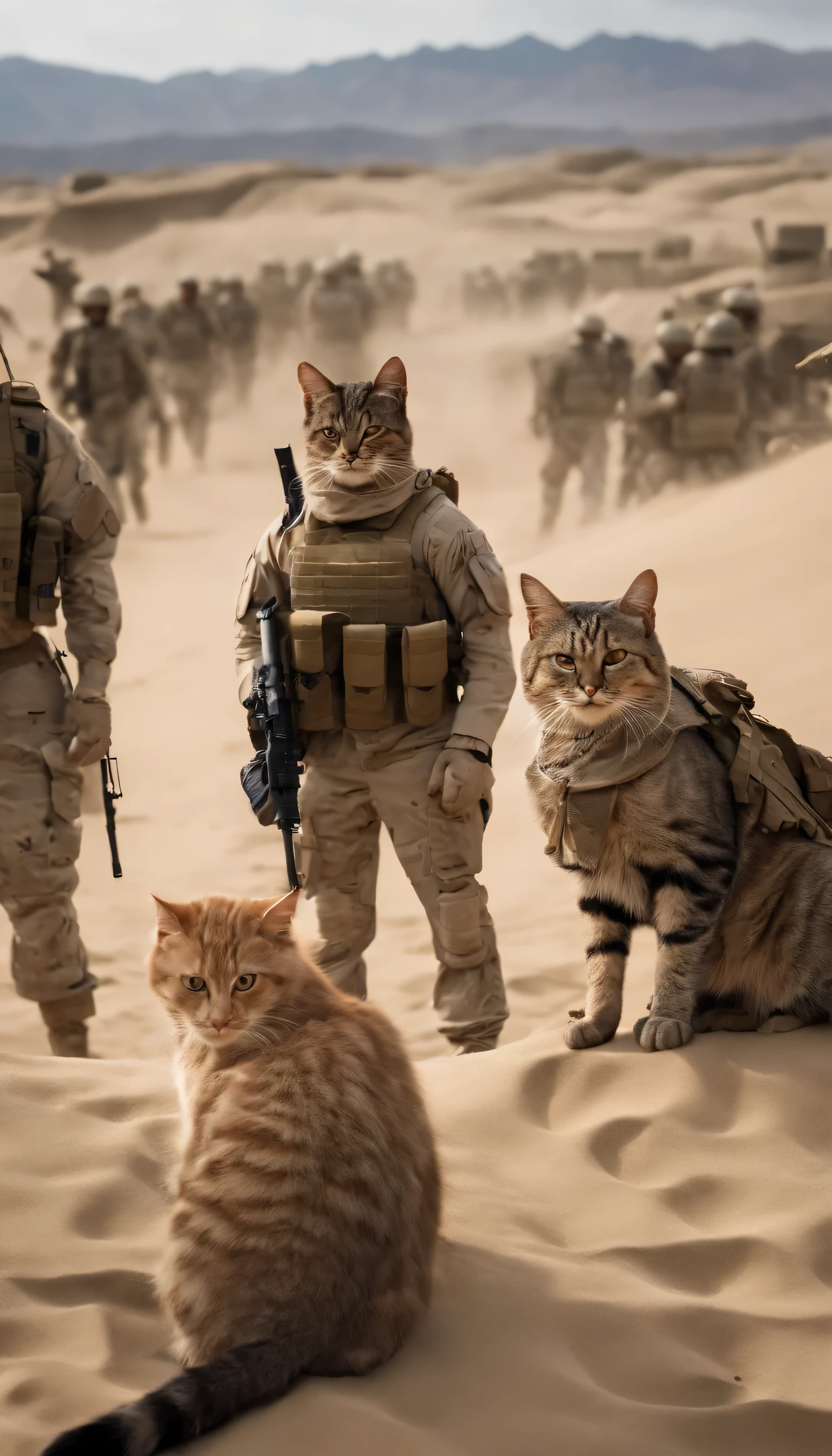 a group of humanoid cats in American military uniforms standing on the sand, warrior cat, warrior cat, assassin cat, ninja cat, samurai cat, world boss cat, ready to fight, tabaxi :: scam, force special forces, soldiers, ready for battle, planet of cats, drone attack war scene, cat catching cat, cool cat, donald rumsfeld cat, on the battlefield. Battlefield scene.