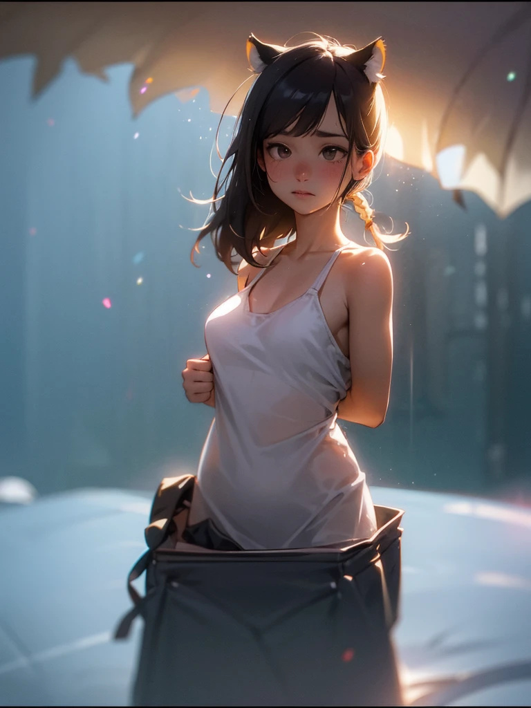 (Sumilux f1.4 50mm , low Latitude old color negative film , cross process , bokeh, flare, chromatic aberration , soft focus, (Shallow focus) , soft glow , Maximum aperture, high Key , Transparent depiction) , Dwarf girl , Muscular, short , Wear a T-shirt under camisole