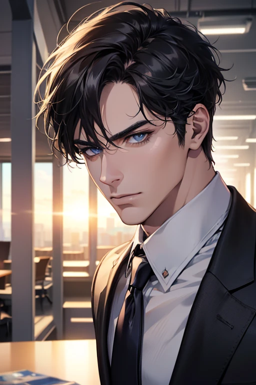 (Best Quality,4k,8k,high resolution,Masterpiece:1.2),ultra detailed,(realist,photorealist,photo-realist:1.37),1 man,31 years,mature man,very handsome,without expresion,muscled body,short gray black hair,Blue eyes,glare,perfect face without mistakes,imposing posture,businessman,office background,cinematic lighting,imagen HDR