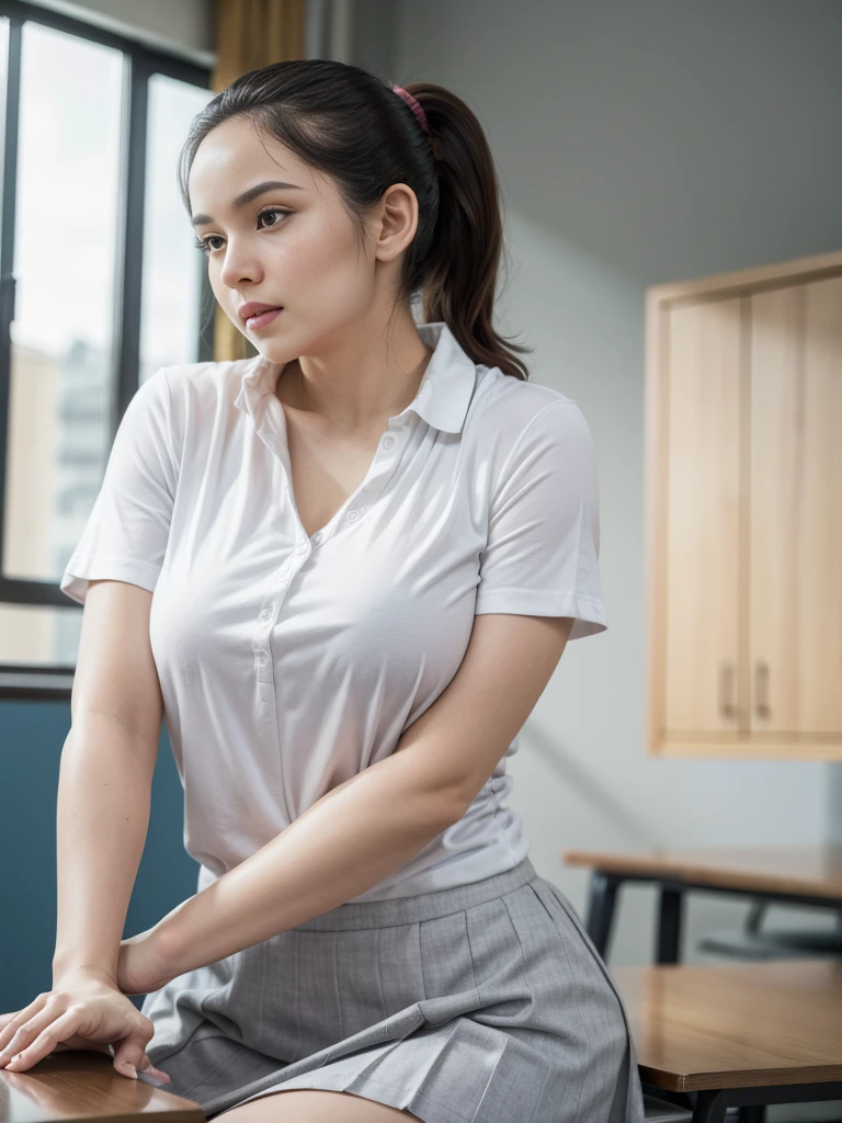 1girl, solo, (uniform), (zoom-out: 1.5), Classroom, sitting on top of table, detailed classroom scenery, cute angry face, thick medium breasts, smooth skin, ponytail hairstyle, tight white shirt, grey blue short skirt, looking at the audience, (low angle shot:1.3), (8k, RAW photo, best quality, masterpiece: 1.3), (realistic, realistic: 1.37), ultra-high resolution