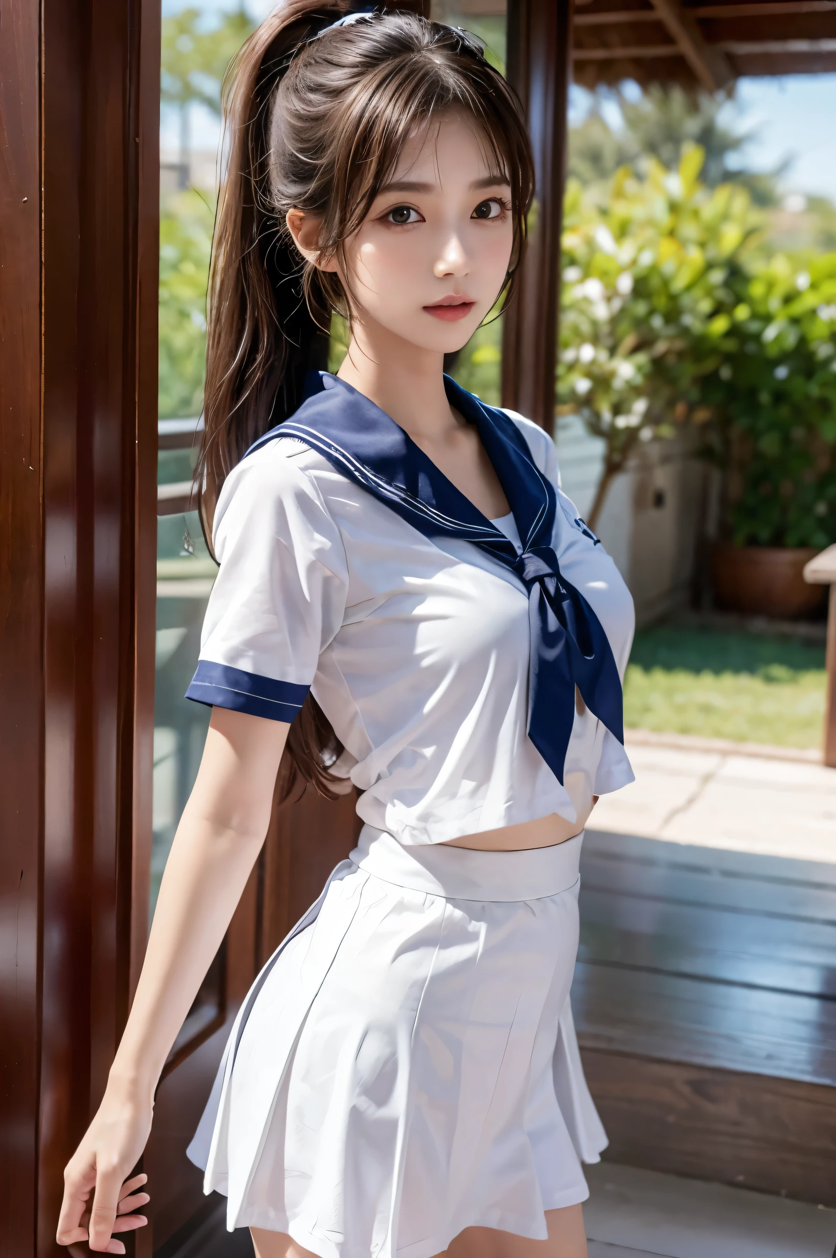(Ultra HD), (Sailor suit:1.4, White short sleeve shirt, Navy blue mini skirt), Big Breasts, slender, Narrow waist), whole body, Standing posture, (Clean and shiny skin, Whitening, No makeup), (Super slim face, Super beautiful face), (Light Brown Ponytail, Layered Cut, Fluffy hair), (double eyelid, Slanted Eyes), Small Nose, Thin lips, Thin legs, school gate