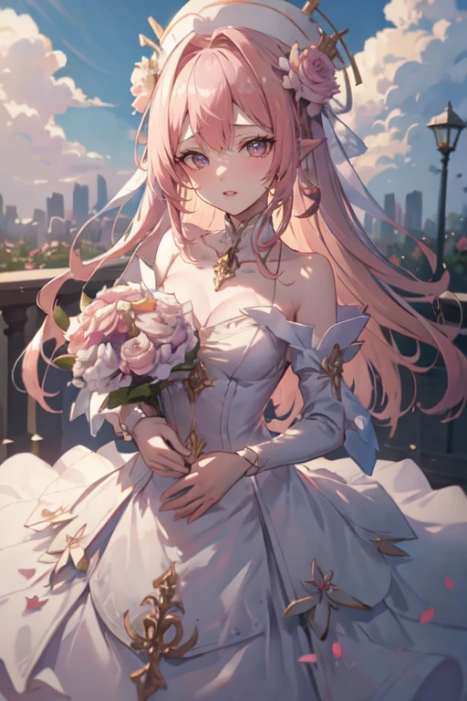 ((masterpiece, best quality)), 1girl, flower, solo, dress, holding, sky, cloud, hat, outdoors, bangs, bouquet, rose, blush, pink hair, flower field, red flower, pink eyes, light pink dress, looking at viewer, midium hair, holding flower, small breasts, red rose, holding bouquet, sun hat, white headwear, depth of field