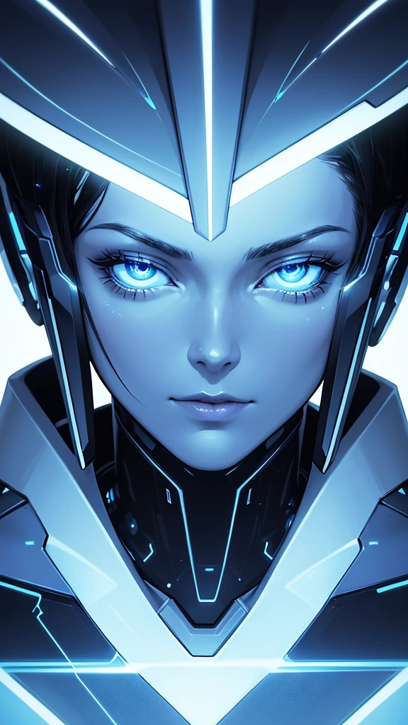 Prompt: digital painting, A close-up portrait of a futuristic cyborg or android with glowing blue lights and a metallic, robotic face, bold and slim lines, brush strokes.