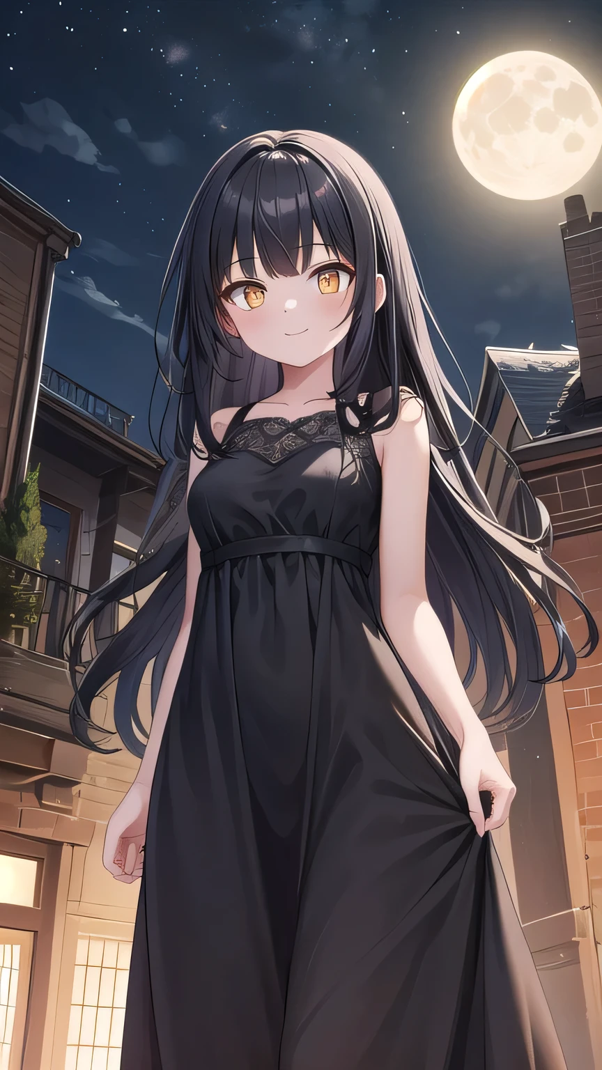 a girl, 20 years old,from below,looking at viewer,long hair,(black hair:1.2), yellow eyes, medium breast, happy,maxi dress, black dress,(night:1.2),moon,outdoor,western style mansion, Best Quality, High resolution, Extremely detailed, Detailed background, Perfect Lighting