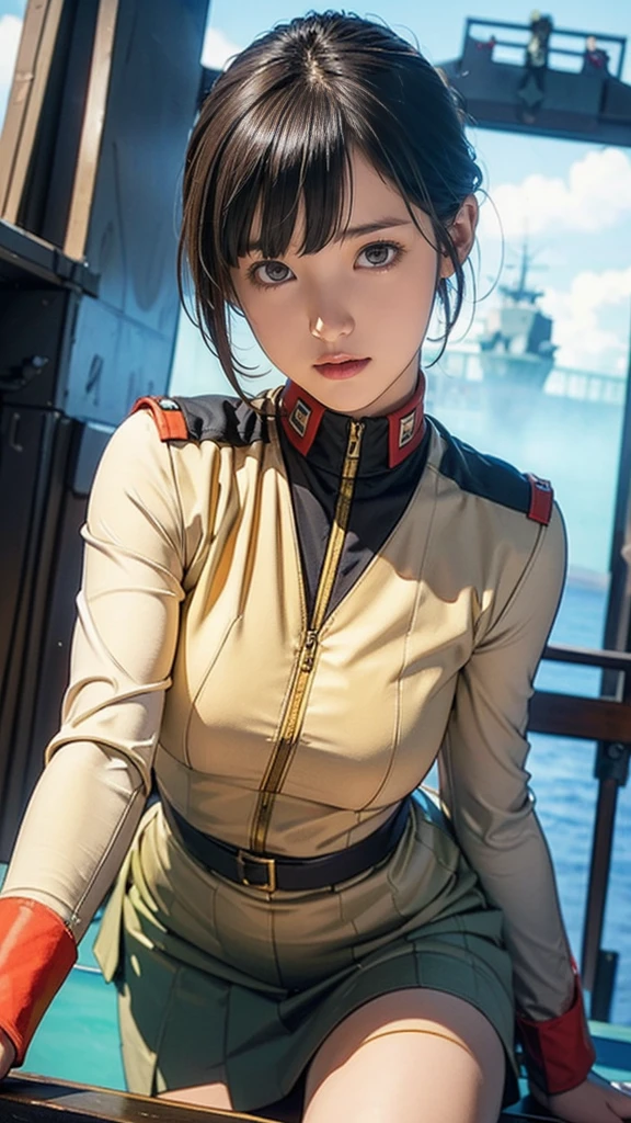 13-year-old girl、Earth Federation Operator Girl Soldier、Black short hair、Idol-level cuteness、Childish face and appearance、Accurately drawn faces、thin、Skirt Earth Federation Uniform、Inside the bridge of a battleship、Low angle shot、Anatomically correct、Accurate Fingers、Accurate Rimbuster Piece、Photorealization