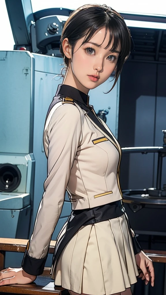 13-year-old girl、Earth Federation Operator Girl Soldier、Black short hair、Idol-level cuteness、Childish face and appearance、Accurately drawn faces、thin、Skirt Earth Federation Uniform、Inside the bridge of a battleship、Low angle shot、Anatomically correct、Accurate Fingers、Accurate Rimbuster Piece、Photorealization