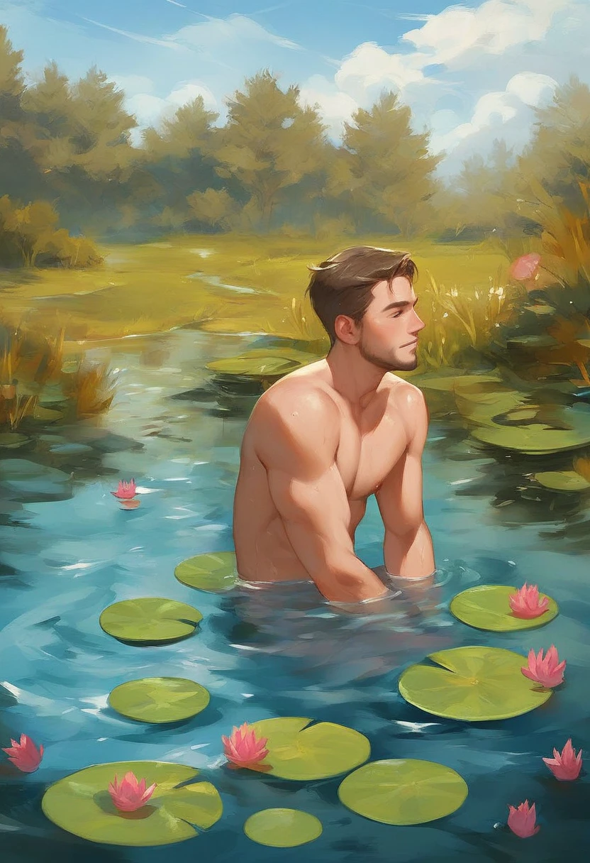 a man in a pond with lily pads in the water, in a pond, standing in a pond, floating in a powerful zen state, nymph in the water, sitting in a reflective pool, floathing underwater in a lake, sitting at a pond, in water up to her shoulders, the hair floats on the water, in a lake, in the water