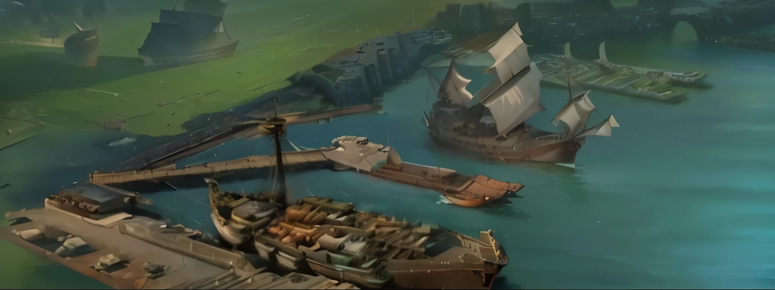 there are two warship that are docked in the water, Background of Fuxing Port City, port场景背景, Detailed screenshots, port, warship in the port, city pier, Concept Art, shipping pier, Detailed game art, warship, Viking City, pier, shipyard, Dota! 绘景Concept Art, Mysterious style Viking warship, Detailed scenario, Overly detailed art