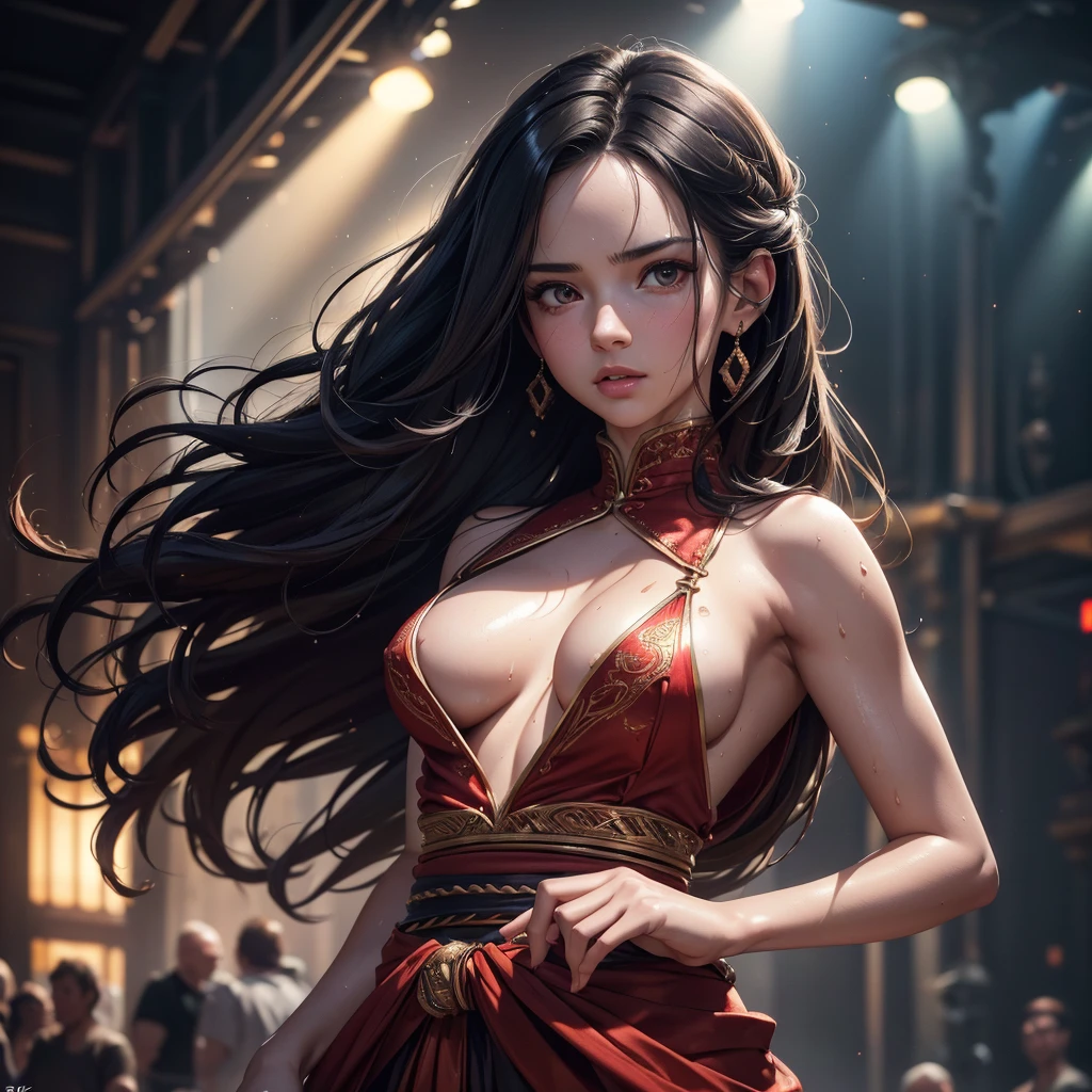 a beautiful hot and sexy ozbek princess, fitted red sharara, long wavy black hair, pale skin, entire body covered in glistening sweat, sweat dripping from armpits, large breasts visible, nipples visible, hand on waist, detailed facial features, (best quality,4k,8k,highres,masterpiece:1.2),ultra-detailed,(realistic,photorealistic,photo-realistic:1.37),HDR,UHD,studio lighting,ultra-fine painting,sharp focus,physically-based rendering,extreme detail description,professional,vivid colors,bokeh,portrait