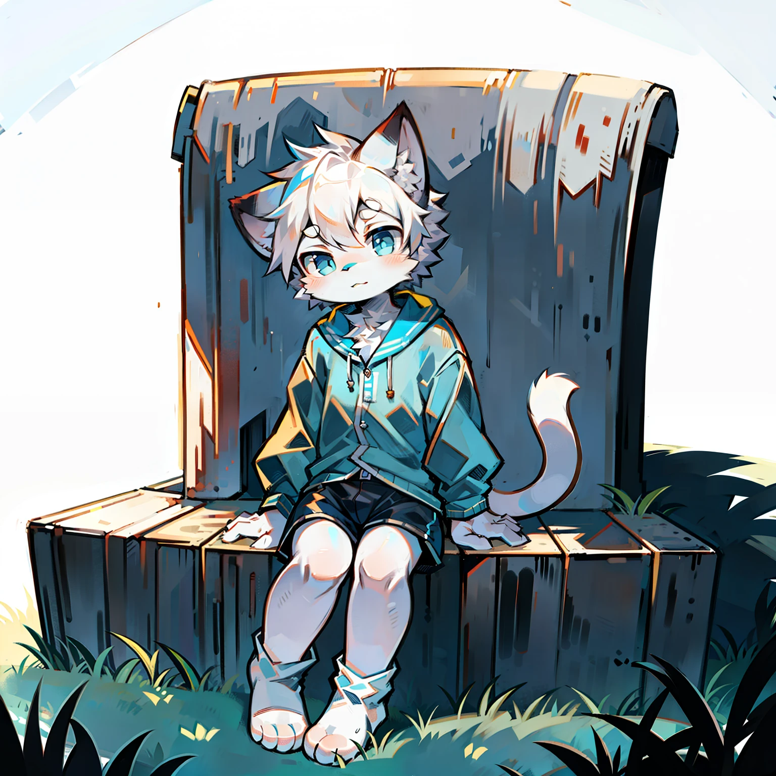 furry, cat boy,(White hair),(Dark gray skin),blue eyes,Sitting on the grass,(Wear short white socks),Light pajamas and shorts,Blank Background,The only person,high quality