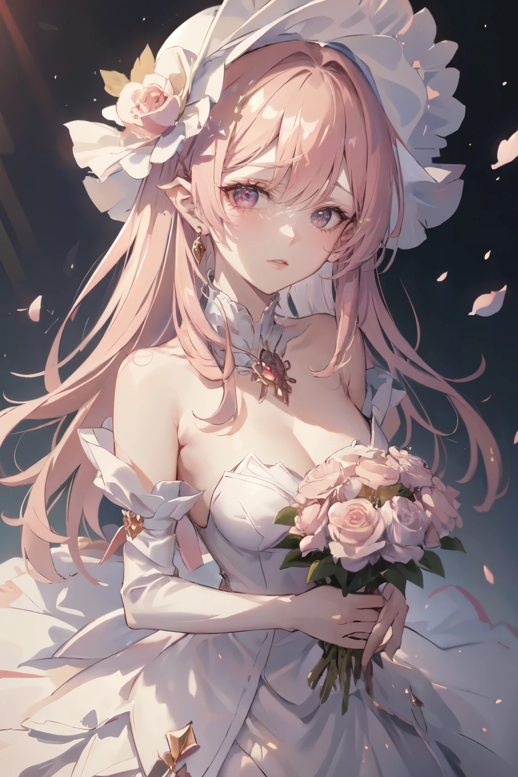 ((masterpiece, best quality)), 1girl, flower, solo, dress, holding, sky, cloud, hat, outdoors, bangs, bouquet, rose, blush, pink hair, flower field, red flower, pink eyes, light pink dress, looking at viewer, midium hair, holding flower, small breasts, red rose, holding bouquet, sun hat, white headwear, depth of field