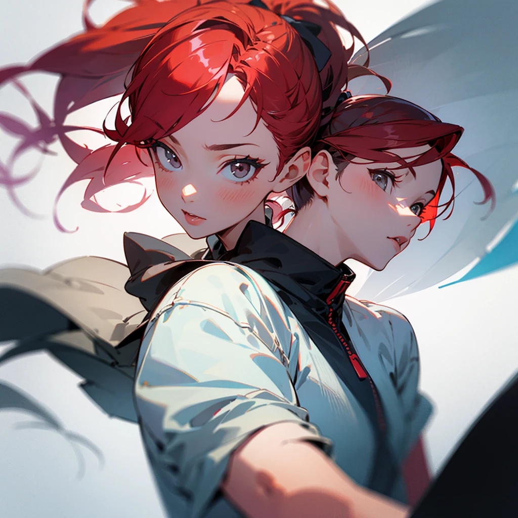 girl with red hair ponytail and gray eyes