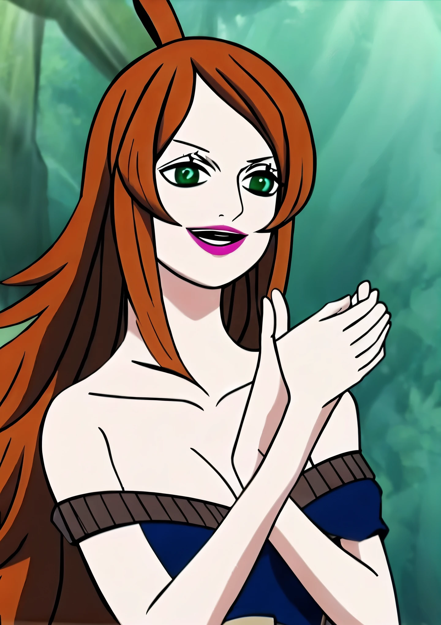 and_Terumi, One girl, alone, Long Hair, chest, Brown Hair, dress, Exposing shoulders, Green Eyes, Off the shoulder, Hair on one eye, Parody, with own hands, lipstick, style Parody, Hold my hand tightly