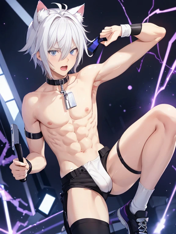 ung person,alone,18-year-old,male,Shocked facial expression,blush,good looking,White hair Blue eyes,Purple eyes, Cat ear Side view Open your legs Open your mouth and scream suffer Sleeveless, wistful expression Exposure to electricity Gets done Thick tail Upper body naked Raised to be sexy Arms up Black pants I can see your chained flank I was hurt Under attack Detained