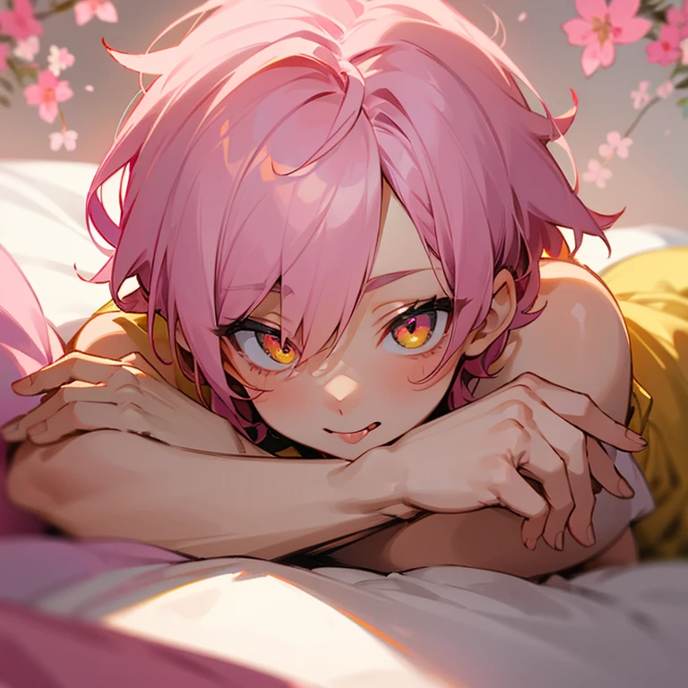 A cute cute boy with light pink hair and bright golden eyes, with a mischievous expression, with his tongue out, lying on the bed, with pink flowers around him.