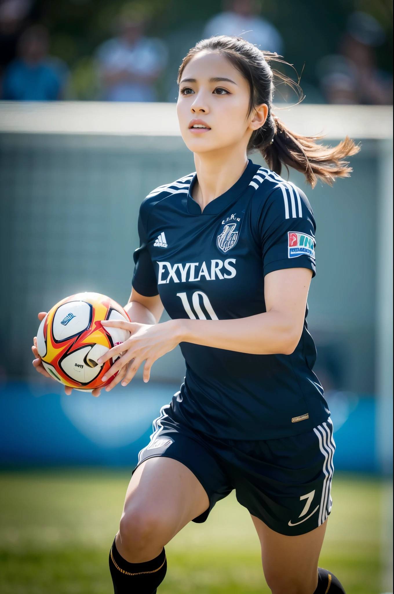 a dynamic soccer game, a talented soccer player, beautiful detailed eyes, beautiful detailed lips, extremely detailed eyes and face, long eyelashes, dramatic action shot, high angle, low angle, motion blur, cinematic framing, (best quality,4k,8k,highres,masterpiece:1.2),ultra-detailed,(realistic,photorealistic,photo-realistic:1.37),HDR,studio lighting,ultra-fine painting,sharp focus,physically-based rendering,extreme detail description,professional,vivid colors,bokeh,sports photography,dynamic,cinematic