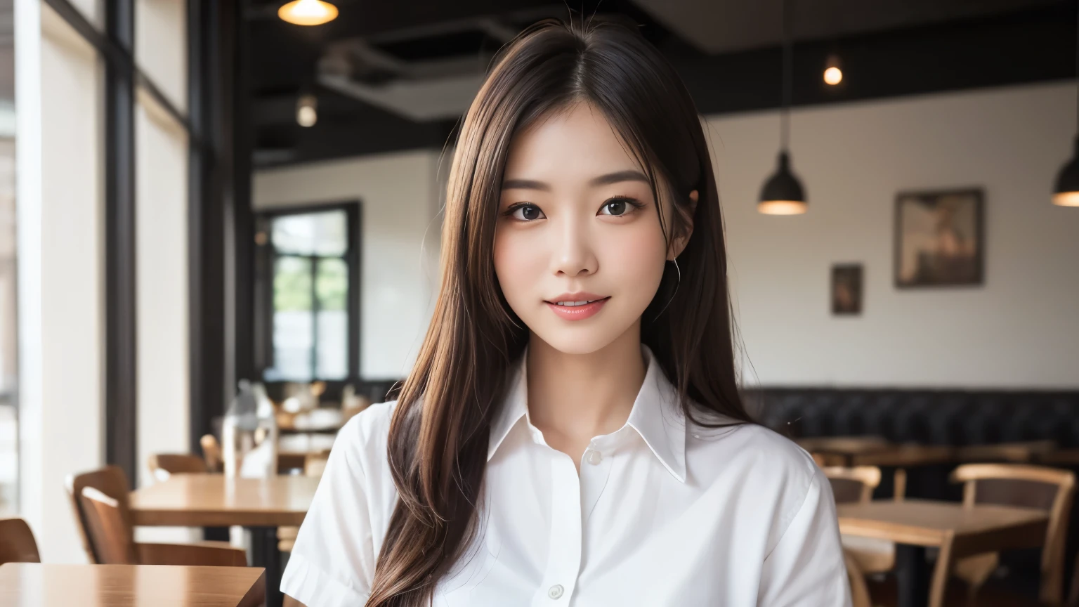 8k,Highest quality,(masterpiece:1.2),(Realistic),(Realistic:1.37),Ultra-high resolution,One Woman,smile,((Photographed inside the cafe)),Beautiful Eyes,(((White shirt))),Perfect body,Perfect Fingers,Professional Lighting,gravure,Detailed face and skin texture,fine grain,RAW Photos