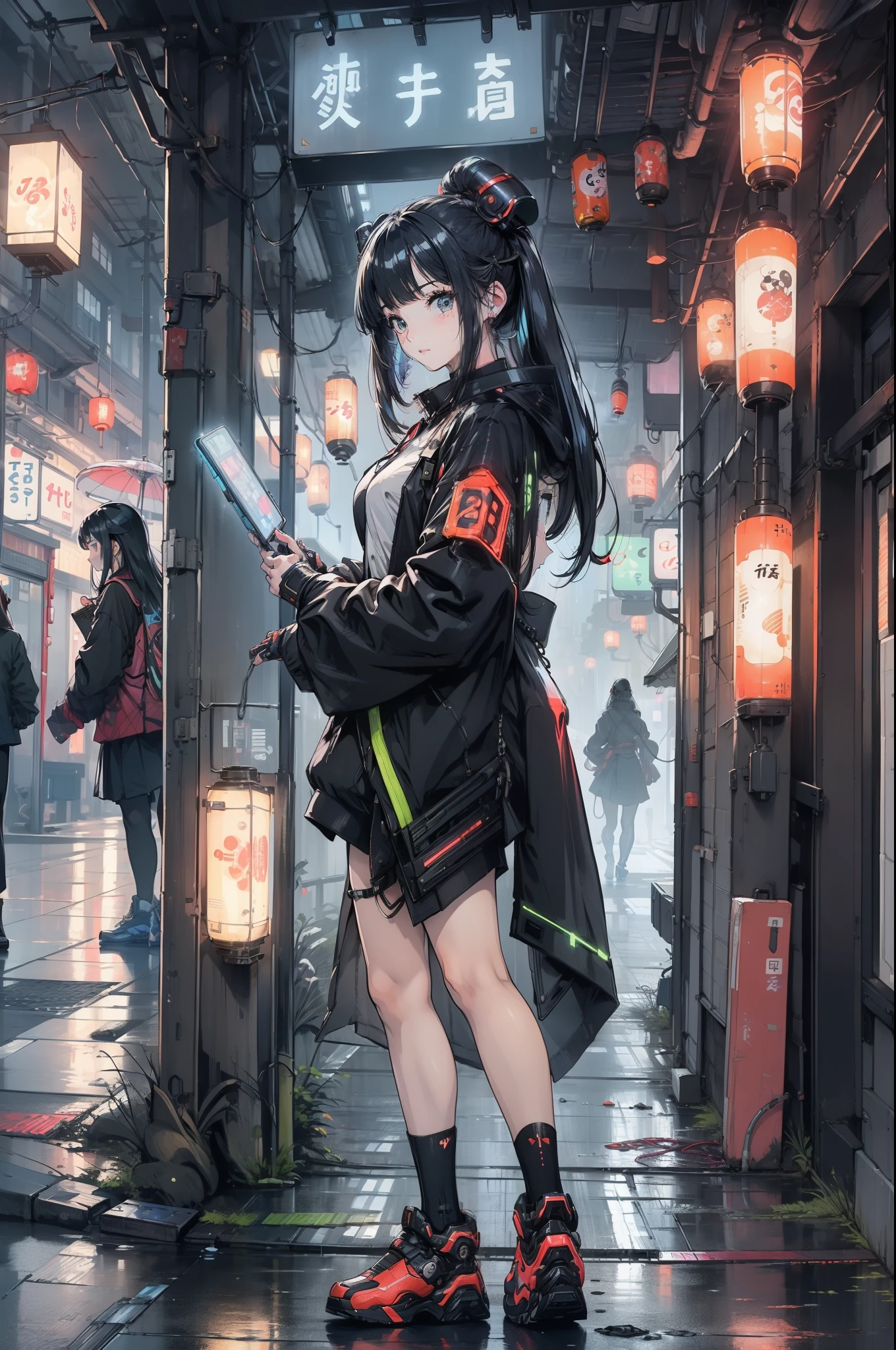 (Two Girls:1.4)、(Clothes with futuristic gadgets:1.4)、(Futuristic Izakaya:1.4)、masterpiece, Highest quality, Realistic, Scattered beneath the surface, color付き照明, color, red + 黄color + green + Blue limited edition color palette, 詳細な概念figure, Line art, figure, cyber punk, 18 year old girl, Fearless, Robot Companion, Urban Armor, Cybernetic Enhancements, Neon Street in the Rain, Hidden Resistance, Neon Umbrella, Encode the message, (close)
