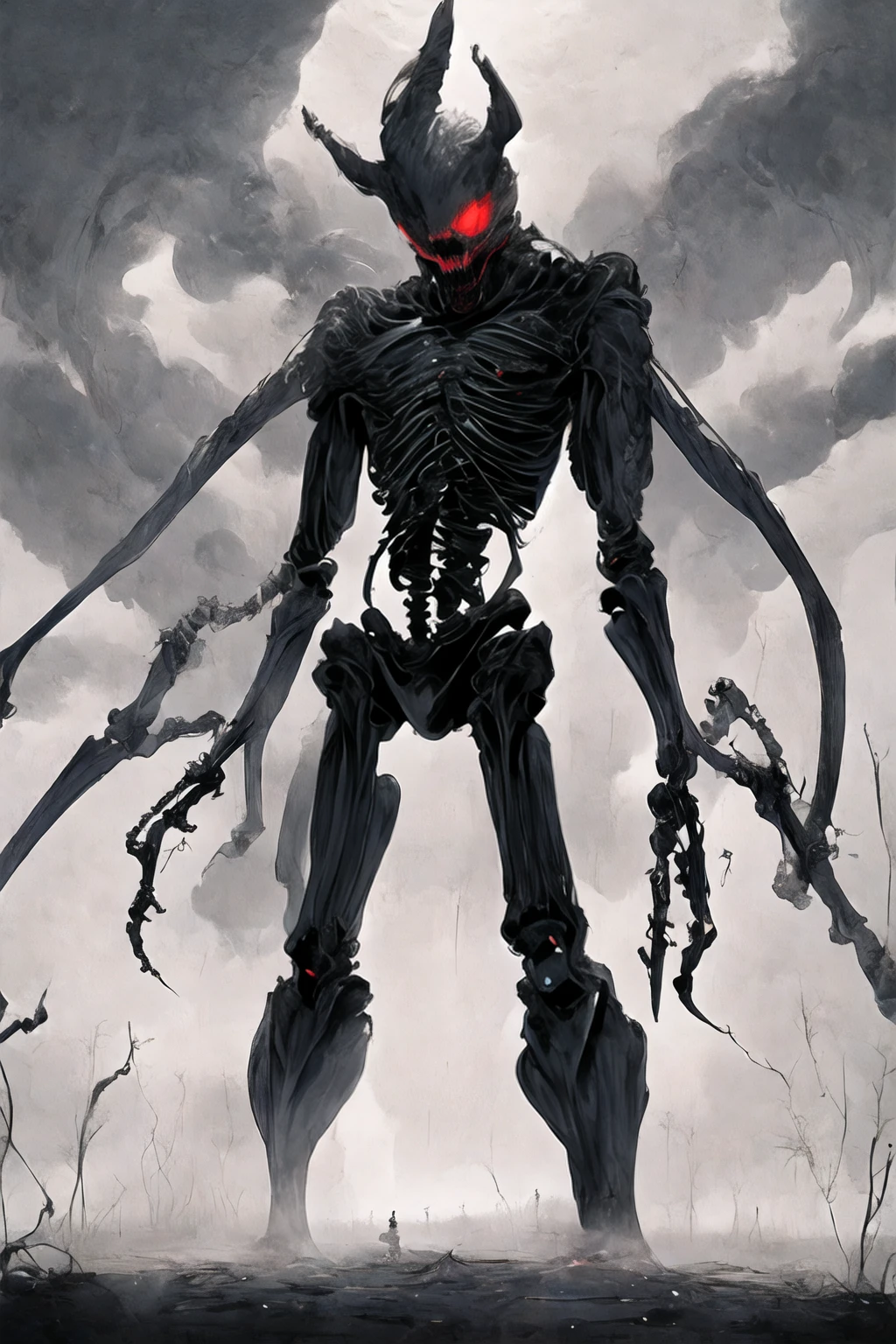 (((Highest quality)))(((Best Image)))(((anatomy)))外見は黒いfog,Wear shiny armor,Modern Battle Suits(((Appearance)))The shape is humanoid,Wearing armour(((Features)))Eyes glowing red,The shape is made of purple glowing matter..Possess modern weapons.(((male)))The skeleton is human-like、Muscle fibers are visible,fogのようなガス状のもので構築している(((background)))Barren Land,dead tree,fog,Chaotic world(((Standing posture)))Battle Scenes,overwhelmingly strong,Symbol of Terror,Highest quality。