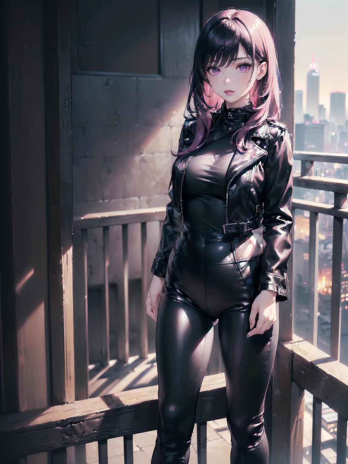 ((Alone, 1 woman, takashirohiroko, dark purple eyes, black hair, pink lipstick, extremely detailed, Soft ambient lighting, 4k, Perfect eyes, a perfect face, perfect lighting, a 1 girl)), ((Alone, (1 woman, pink lipstick), extremely detailed, Soft ambient lighting, 4k, Perfect eyes, a perfect face, perfect lighting, a 1 girl)), ((black leather jacket, black leather boots white blouse, Leggings negros, leather pants, Black pants, tight clothes, , standing, balcony, admiring the landscape, city background,))