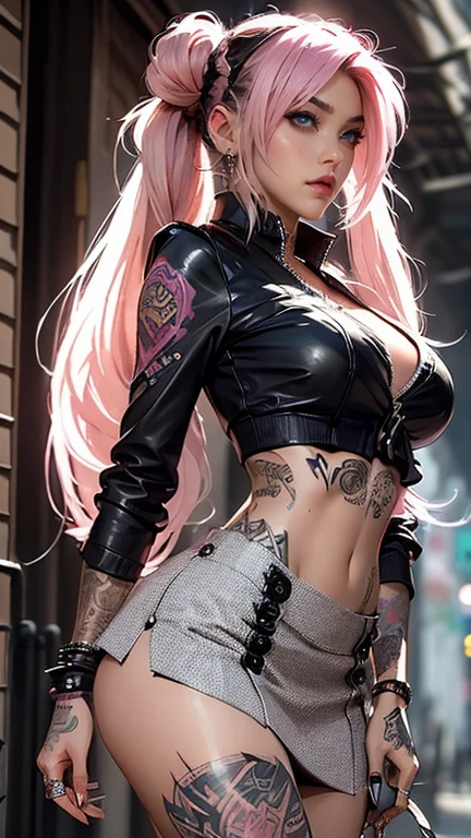 (((of the highest quality: 1.4))),(incomparable masterpiece ever), (ultra high definition),(Ultra-realistic 8k CG), Official Art、 (((adult body))), (((1 girl in))), (((pink hair, very long hair, twintails, hair bun, double bun, parted bangs, ))), Punk girl with a perfect body, Jacket with metal spikes. Beautiful and well-groomed face., jk skirt, jk shirt, jk tie. background of school hallway. strong pose. (( Many poisonous tattoos )), piercings, sunglasses, curvy, busty, sexy, underboob, thigh high stripey socks, badass lady
