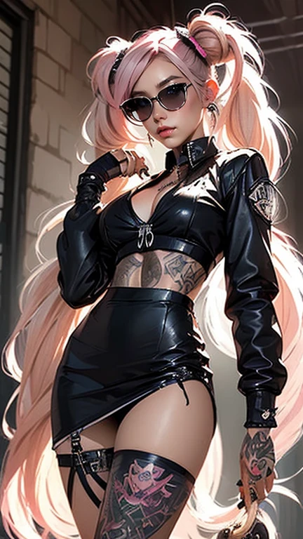 (((of the highest quality: 1.4))),(incomparable masterpiece ever), (ultra high definition),(Ultra-realistic 8k CG), Official Art、 (((adult body))), (((1 girl in))), (((pink hair, very long hair, twintails, hair bun, double bun, parted bangs, ))), Punk girl with a perfect body, Jacket with metal spikes. Beautiful and well-groomed face., jk skirt, jk shirt, jk tie. background of school hallway. strong pose. (( Many poisonous tattoos )), piercings, sunglasses, curvy, busty, sexy, underboob, thigh high stripey socks, badass lady