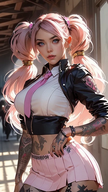 (((of the highest quality: 1.4))),(incomparable masterpiece ever), (ultra high definition),(Ultra-realistic 8k CG), Official Art、 (((adult body))), (((1 girl in))), (((pink hair, very long hair, twintails, hair bun, double bun, parted bangs, ))), Punk girl with a perfect body, Jacket with metal spikes. Beautiful and well-groomed face., jk skirt, jk shirt, jk tie. background of school hallway. strong pose. (( Many poisonous tattoos )), piercings, sunglasses, curvy, busty, sexy, underboob, thigh high stripey socks, badass lady