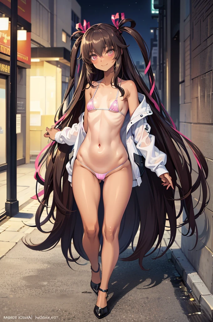 1 girl, 18 year, alone, (masterpiece), best quality, expressive eyes, perfect face, small , flat chest, dark skin, very long hair, ((brown hair)), hair between eyes, pink eyes, hair ribbon , hair rings, looking at viewer, smiling, dark skin, walk in the night city,Yukikaze Mizuki, full body, (masterpiece), best quality, expressive eyes, perfect face, micro bikini and mini skirt
