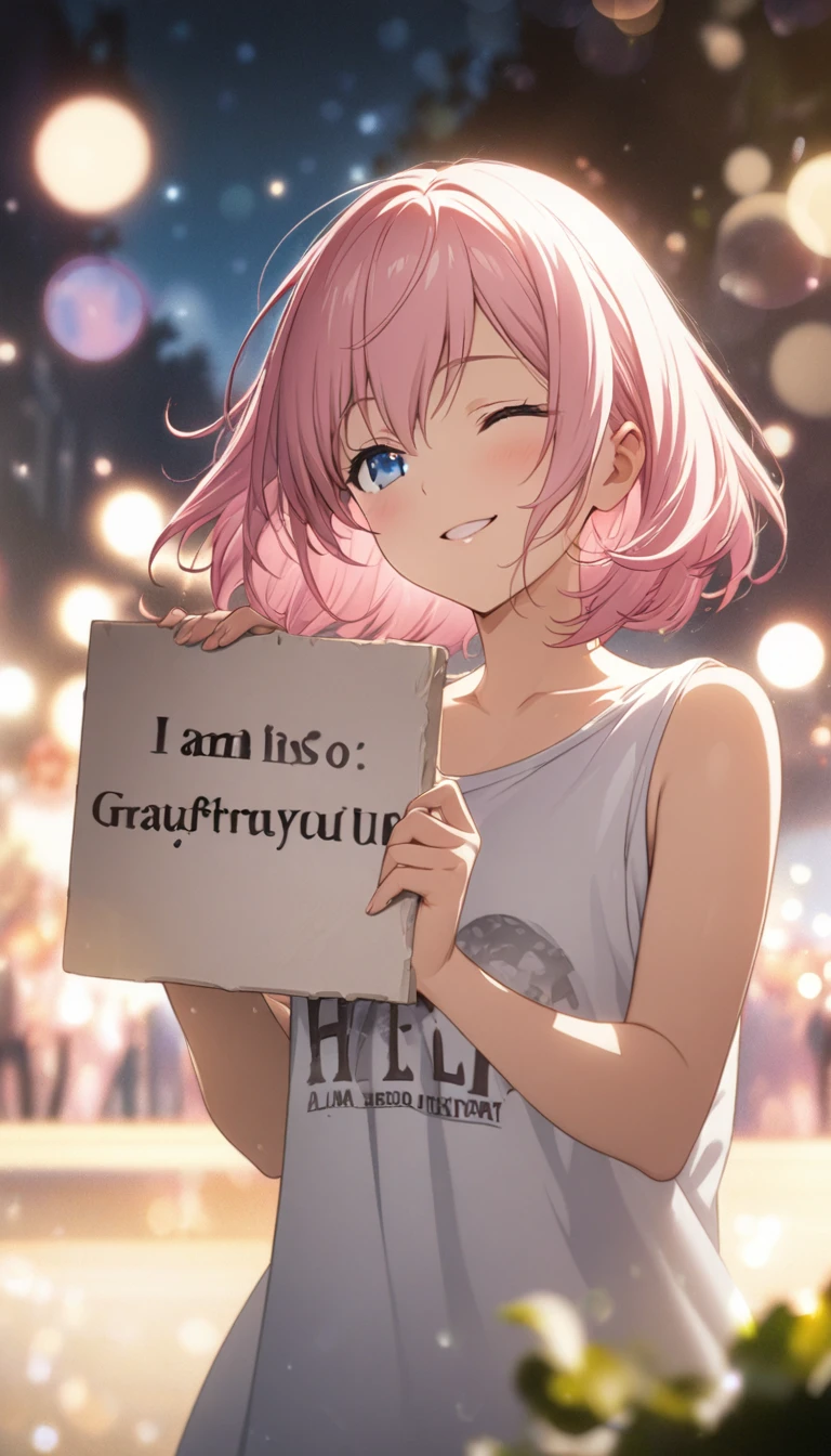 masterpiece, Highest quality, Highly detailed CG Unity 8K wallpapers, High School Girl Anime Illustration. Wear an oversized tank top、She is holding a sign that reads, "I am always grateful for your help," In black letters, she has her eyes closed and mouth open, smile. The background is a light pastel colored landscape.., Pink Hair Color, blue eyes, Bokeh, (Soft Focus):1.2, Out of focus highlights, Dreamy atmosphere, Glowing circle, Fascinating Depth, The background is also realistic