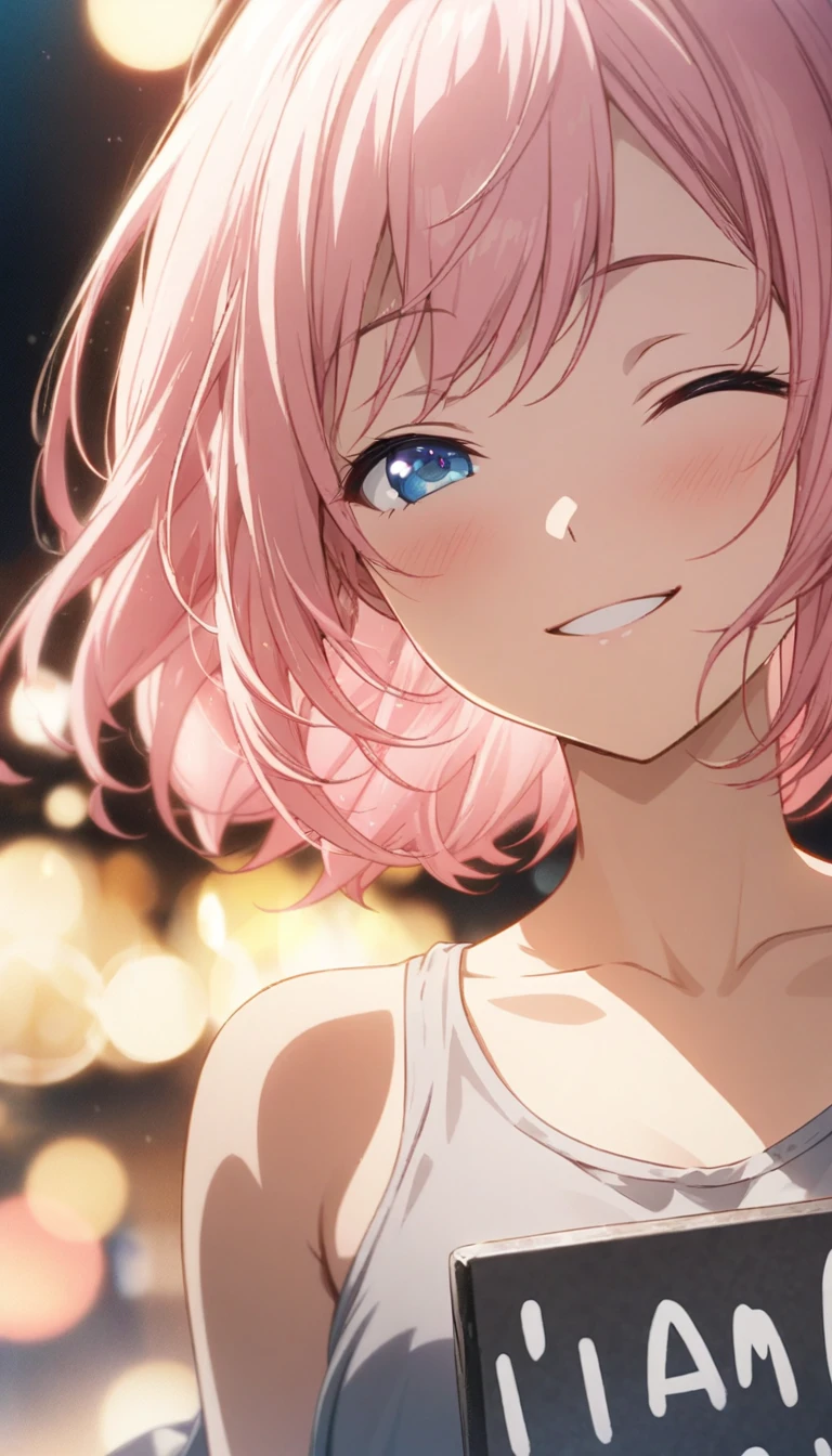 masterpiece, Highest quality, Highly detailed CG Unity 8K wallpapers, High Girl Anime Illustration. Wear an oversized tank top、She is holding a sign that reads, "I am always grateful for your help," In black letters, she has her eyes closed and mouth open, smile. The background is a light pastel colored landscape.., Pink Hair Color, blue eyes, Bokeh, (Soft Focus):1.2, Out of focus highlights, Dreamy atmosphere, Glowing circle, Fascinating Depth, The background is also realistic