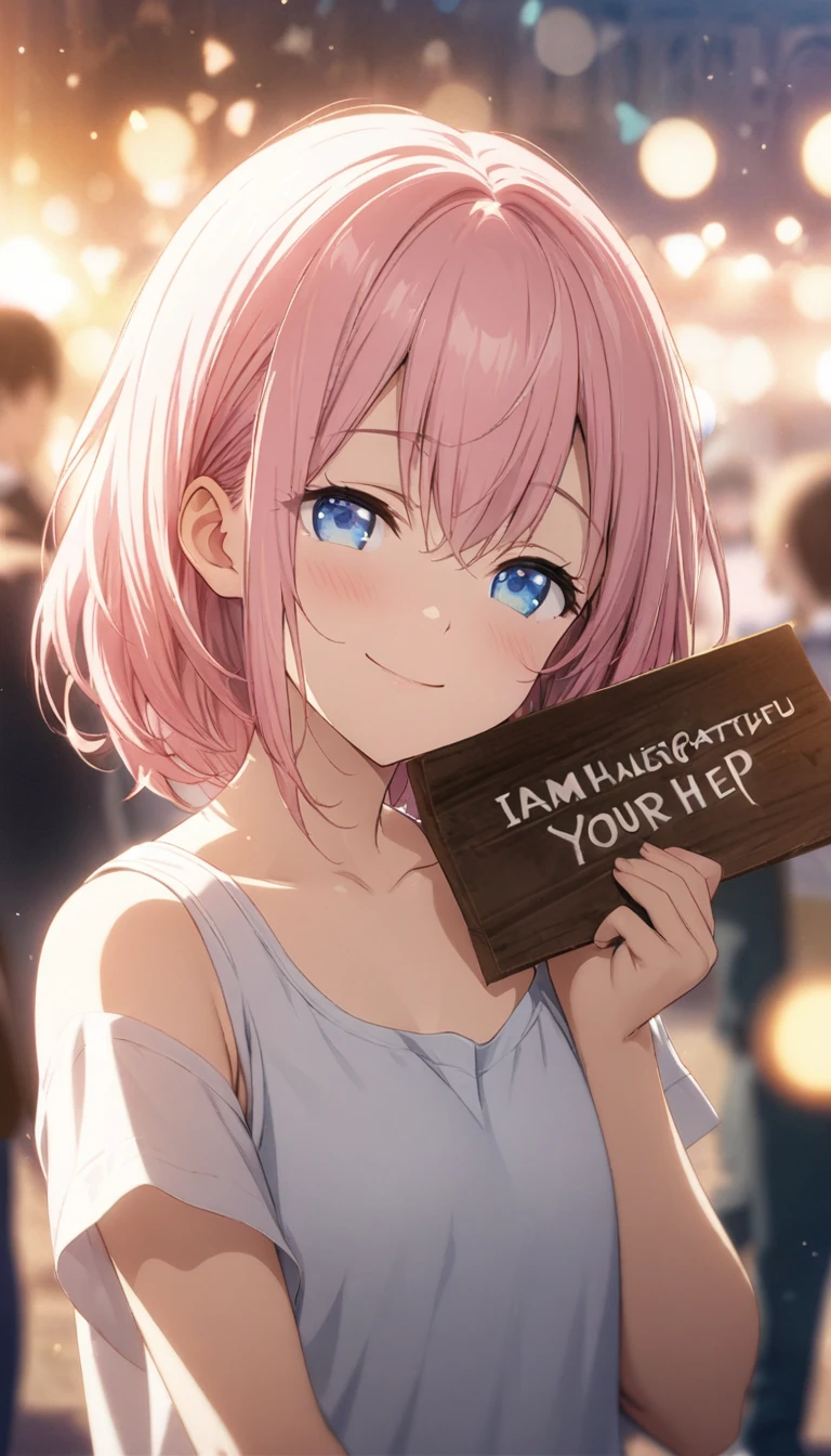masterpiece, Highest quality, Highly detailed CG Unity 8K wallpapers, High School Girl Anime Illustration. Wear an oversized tank top、She is holding a sign that reads, "I am always grateful for your help," In black letters, she has her eyes closed and mouth open, smile. The background is a light pastel colored landscape.., Pink Hair Color, blue eyes, Bokeh, (Soft Focus):1.2, Out of focus highlights, Dreamy atmosphere, Glowing circle, Fascinating Depth, The background is also realistic