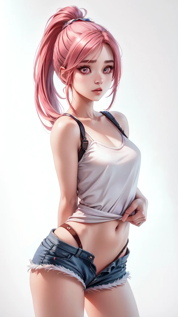 ultra-detailed realistic, 1 girl, standing alone, long pink hair, eye white, bangs over eyes, ponytail hair style, hair pulling back, whole body, detailed realistic face, plain  background, Shorts, chemise, tool belt, using the best shadow and lighting techniques, to create a mesmerizing portrait that transcends the visual, insane details, ultra-realistic image, perfect symmetry, vibrant and clear, dynamic view, high level of detail and definition, 1200 PPI - Photographic resolution with greater color realism, hyperrealisti, high fidelity,  cinematic, 8K UHD image resolution.