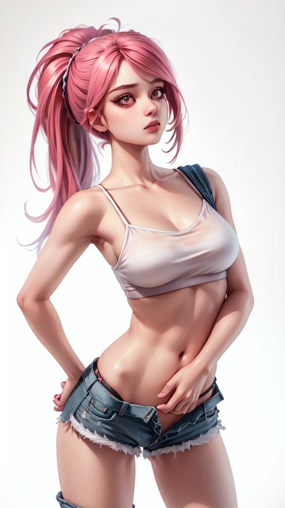 ultra-detailed realistic, 1 girl, standing alone, long pink hair, eye white, bangs over eyes, ponytail hair style, hair pulling back, whole body, detailed realistic face, plain  background, Shorts, chemise, tool belt, using the best shadow and lighting techniques, to create a mesmerizing portrait that transcends the visual, insane details, ultra-realistic image, perfect symmetry, vibrant and clear, dynamic view, high level of detail and definition, 1200 PPI - Photographic resolution with greater color realism, hyperrealisti, high fidelity,  cinematic, 8K UHD image resolution.