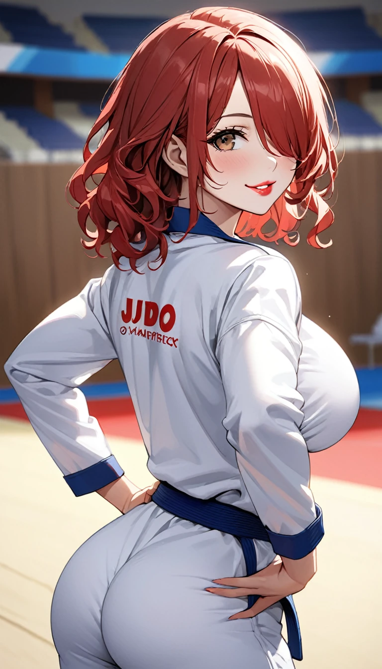 (((masterpiece))),(((High resolution)))、(((8K quality)))、(((Perfect Face)))、((Top quality eyes)), Attractive 40 year old woman, Very cute face、Anime Style、wavy hair, medium hair, ((hair over one eye)), red hair, small eyes, brown eyes, Beautiful Eyes、red and thick lips、Big Breasts、Cleavage, (Judo uniform), cowboy shot, back shot, looking back, sexy pose, arched back, hands on hips, Legs, stretch Legs, hip, stick out butt, Ass Focus、Sexy look, smile, Arena with Judo hall at Olympic venue,