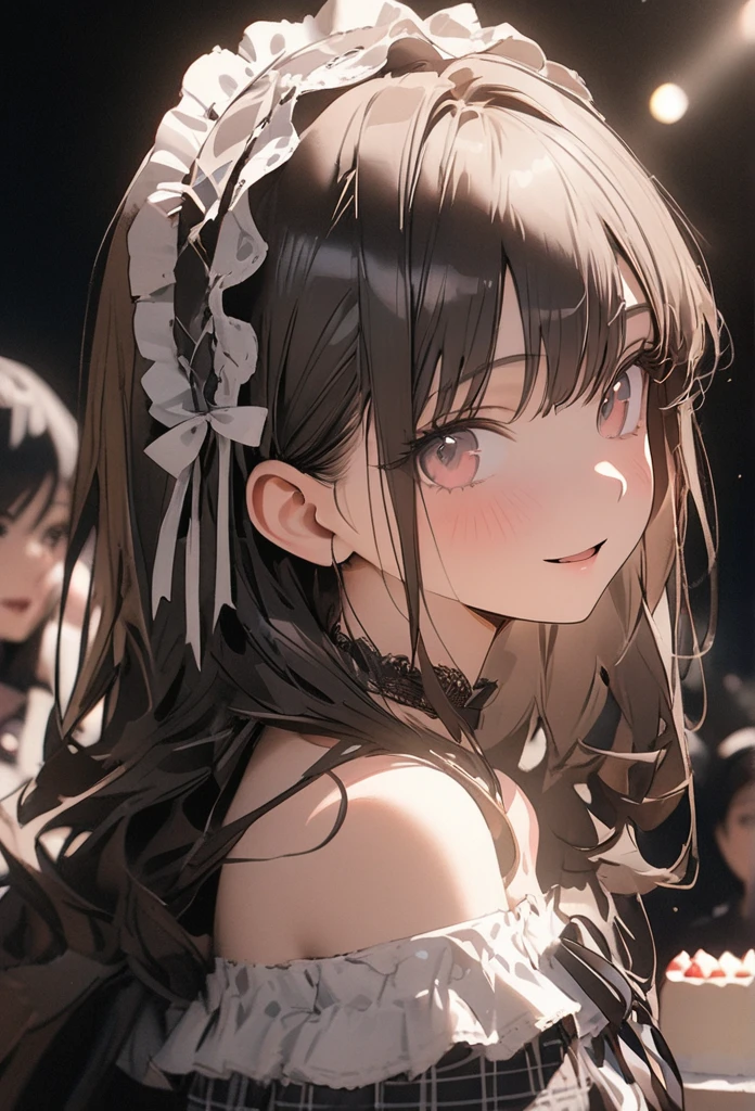 ((masterpiece)), ((Highest quality)), ((cute)), ((Very detailed)), (sketch:0.3), (RAW Photos:1.2), (8k), (High resolution:1.3), (Professional photography:1.2), Cinema Lighting, (so beautiful:1.2), (Absurd:1.2), (Sharp focus), (Perfect light), ((19 years old)), cute十代の女の子, Plaid Dresses, (Off-the-shoulder dress), Hoop Dresses, Strapless, (Lolita Fashion), (Healthy Skin), exposed shoulders and arms, Lolita Style, ((Look at other people)), Mischievous Smile, Open your mouth, cute, Portrait of a Lolita girl, Red plaid, Ribbon Belt, cake