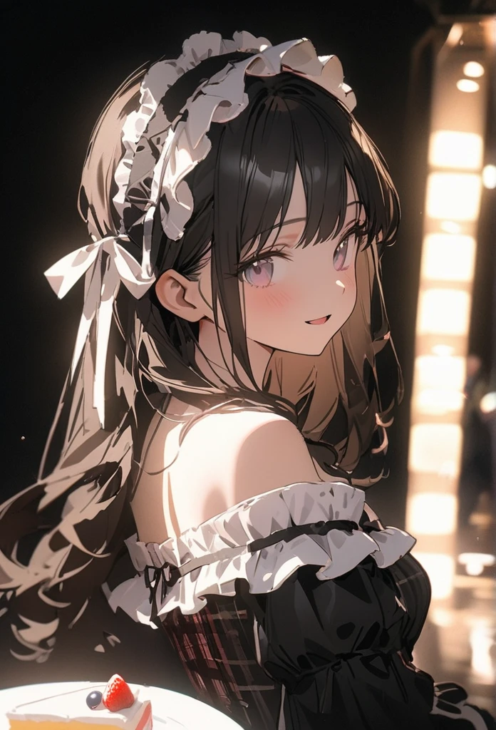 ((masterpiece)), ((Highest quality)), ((cute)), ((Very detailed)), (sketch:0.3), (RAW Photos:1.2), (8k), (High resolution:1.3), (Professional photography:1.2), Cinema Lighting, (so beautiful:1.2), (Absurd:1.2), (Sharp focus), (Perfect light), ((19 years old)), cute十代の女の子, Plaid Dresses, (Off-the-shoulder dress), Hoop Dresses, Strapless, (ta Fashion), (Healthy Skin), exposed shoulders and arms, Lolityle, ((Look at other people)), Mischievous Smile, Open your mouth, cute, Portrait of a Lolita g Red plaid, Ribbon Belt, cake