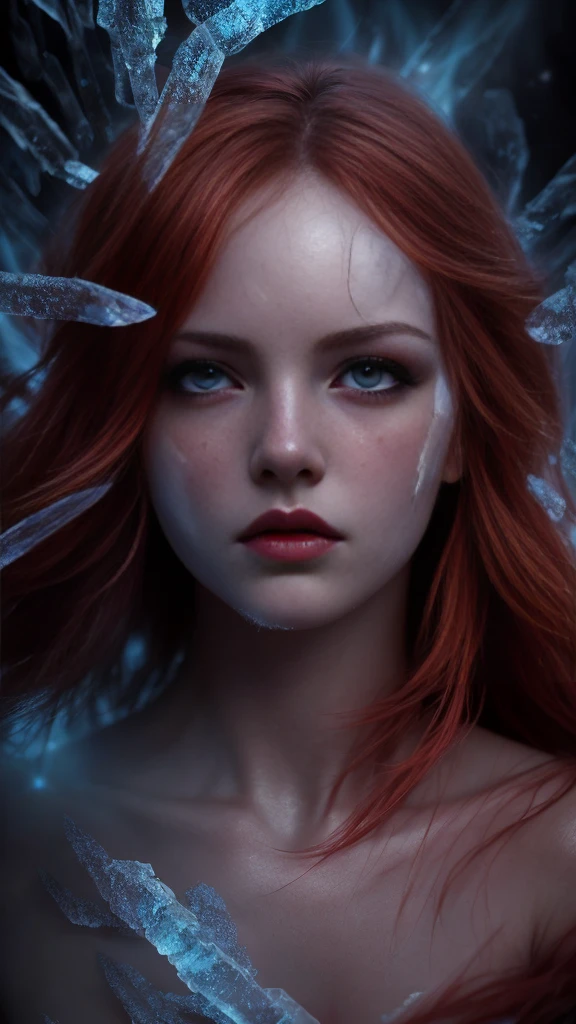 a beautiful woman, detailed eyes,detailed lips,extremely detailed face,longeyelashes,flowing red hair,glowing skin,ice crystals on skin,fire aura surrounding body,dramatic lighting,cinematic composition,fantasy,ethereal,surreal,dramatic,moody,chiaroscuro,deep rich colors,vivid,photorealistic