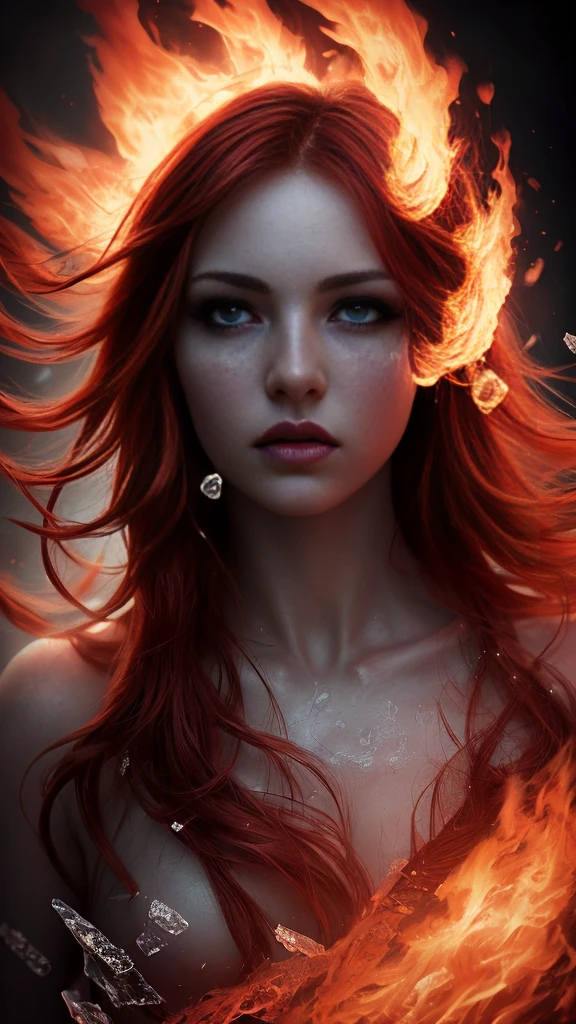 a beautiful woman, detailed eyes,detailed lips,extremely detailed face,longeyelashes,flowing red hair,glowing skin,ice crystals on skin,fire aura surrounding body,dramatic lighting,cinematic composition,fantasy,ethereal,surreal,dramatic,moody,chiaroscuro,deep rich colors,vivid,photorealistic